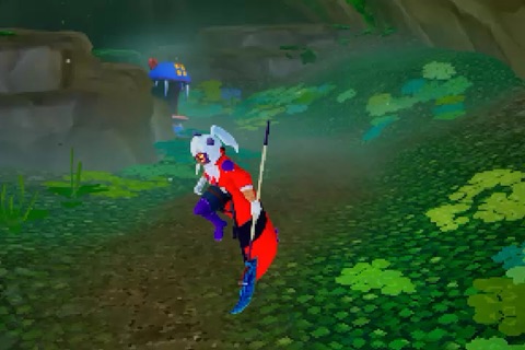 The hunter leaps through an overgrown cavern, halberd in hand